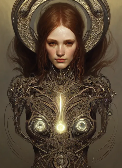 Image similar to organic cyborg, ancient Celtic, diffuse lighting, fantasy, intricate, elegant, highly detailed, lifelike, photorealistic, digital painting, artstation, illustration, concept art, smooth, sharp focus, art by John Collier and Albert Aublet and Krenz Cushart and Artem Demura and Alphonse Mucha