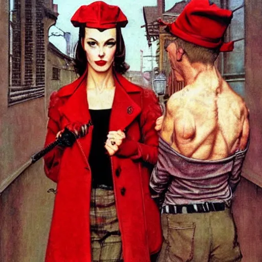 Image similar to Muscular and scary urban female vampire with a red coat and beret, by Norman Rockwell and Robert McGinnis.