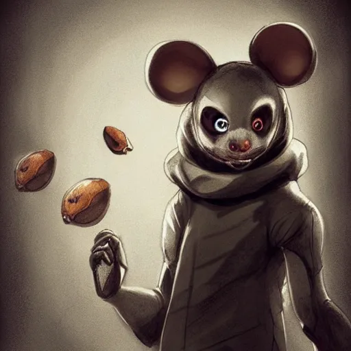 Prompt: anthropomorphism, mouse / human hybrid game character concept art, thief, bad guy