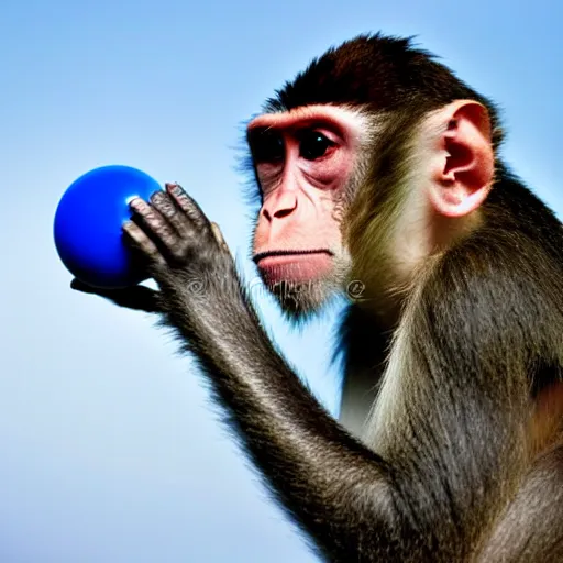 Image similar to a close up of a monkey with a blue ball, a stock photo by paul harvey, shutterstock contest winner, neo - primitivism, creative commons attribution, behance hd, freakshow