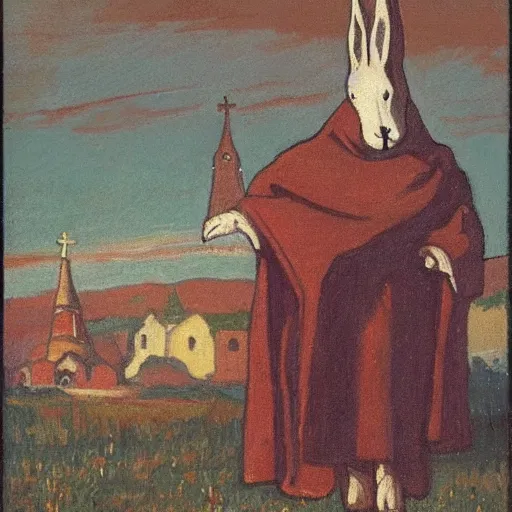 Image similar to a rabbit wearing a simple brown cape, standing next to a small russian wooden church, in the style of ilya repin