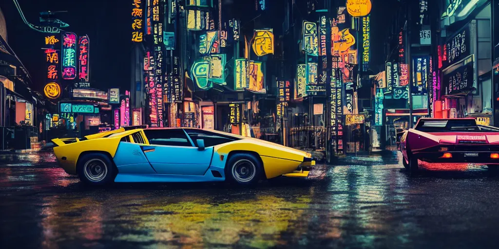 Image similar to photograph of two different coloured lamborghini countach parked in a rainy neo tokyo street at night with neon light signs illuminating the scene, sharp focus, highly detailed, ray tracing, cinematic, moody, hdr, 4 k, incredible detail