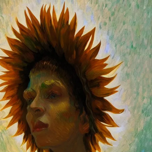 Image similar to closeup, giant sunflower head, woman standing in a room, surreal, dramatic light, impressionist painting, digital painting, artstation, van gogh