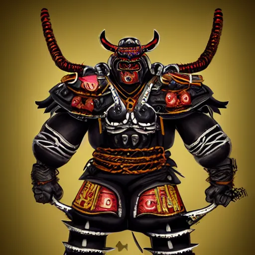 Prompt: big buff strong very big samurai wearing cyber oni mask