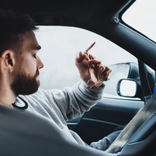 Prompt: a white dude in a car, watching someone on discord create images, 4 k, photography