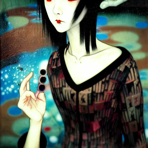 Image similar to yoshitaka amano blurred and dreamy realistic three quarter angle portrait of a young woman with black lipstick and black eyes wearing dress suit with tie, junji ito abstract patterns in the background, satoshi kon anime, noisy film grain effect, highly detailed, renaissance oil painting, weird portrait angle, blurred lost edges