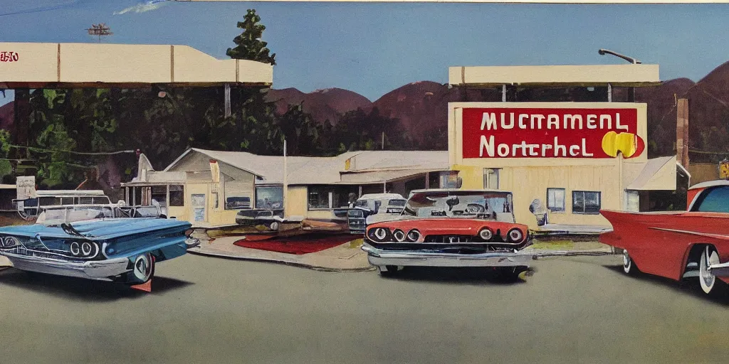 Image similar to 1 9 6 0 s americana painting of a motel with a car parked outside by norman rockwell, panovision
