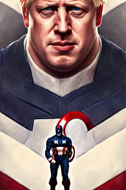 Image similar to Boris Johnson as Captain America, realistic portrait, symmetrical, highly detailed, digital painting, artstation, concept art, smooth, sharp focus, illustration, cinematic lighting, art by artgerm and greg rutkowski and alphonse mucha