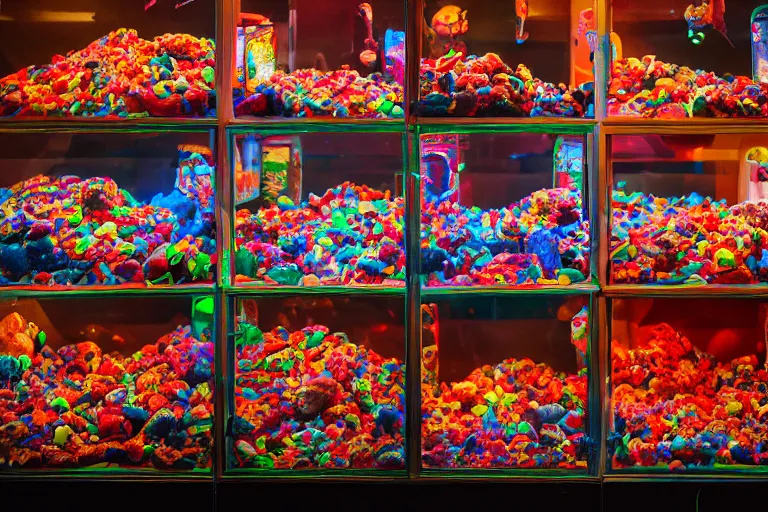 Prompt: claw machine filled with volcanos, 85mm f/11,