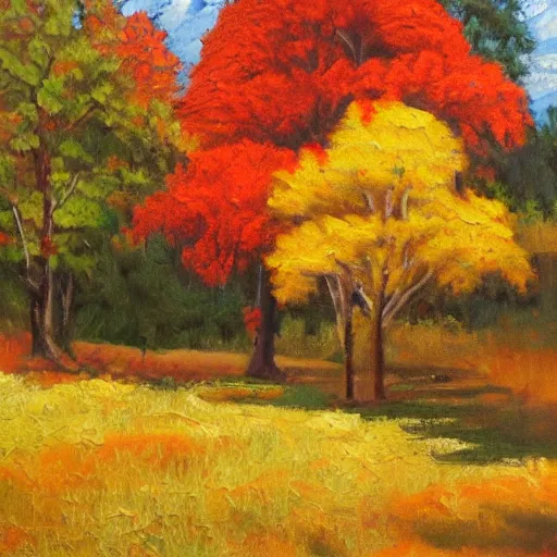 Prompt: landscape oil painting of fall colors