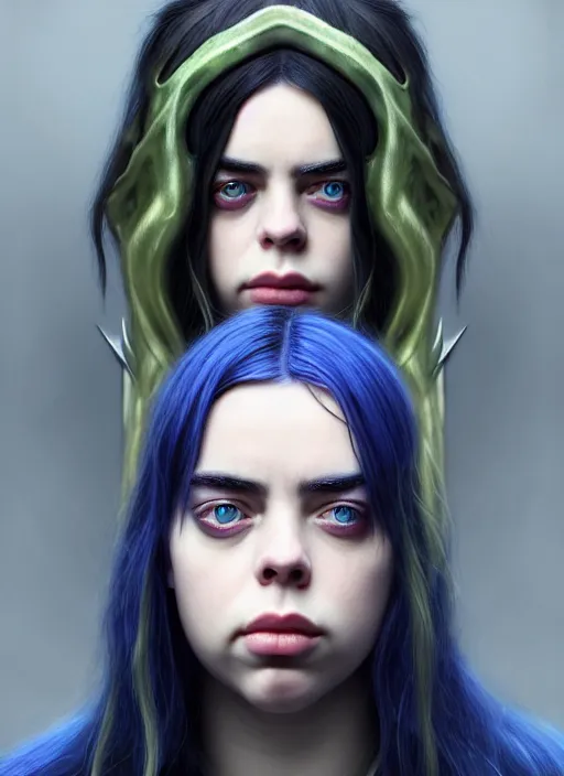 Image similar to Billie Eilish as Female Loki, beautiful facial symmetry, olive skin, hyper realistic, hyper detail, very detailed, digital art, trending on artstation, smooth render, 8k octane render, digital illustration, by Katsuhiro Otomo and Shigeru Miyamoto and Ian Sprigger