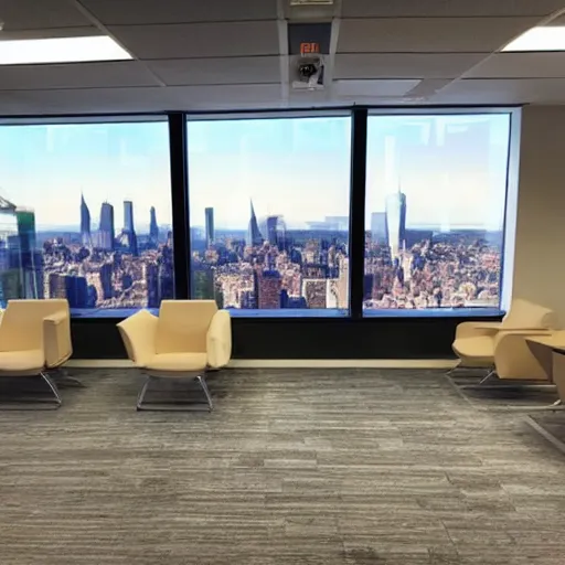 Prompt: a corporate waiting room with a view of New York, top image of the year on RoomPorn subreddit