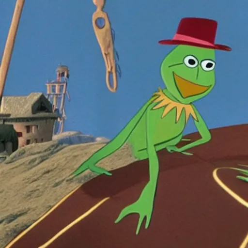 Image similar to A film still of Kermit the frog in The Triplets of Belleville (2003)