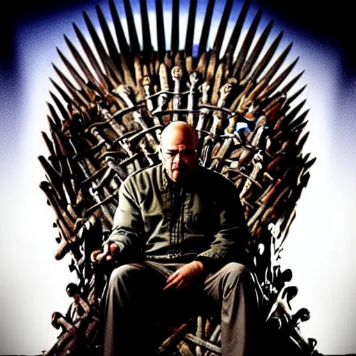 Image similar to “Very crisp close-up photo of Walter White sitting on the Iron Throne from Game of Thrones, atmospheric lighting, award-winning details”