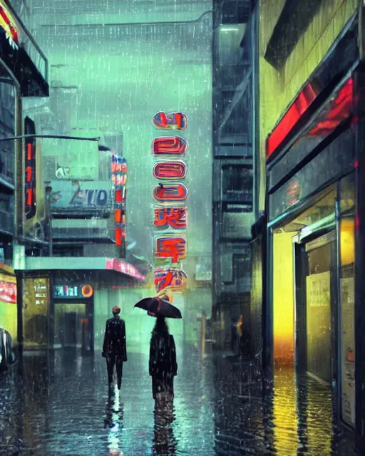 Prompt: realist digital painting of a tokyo street, night with neon signs as the main source of light, raining and lights reflecting off puddles on the street, a woman with an umbrella is walking away from us, unreal engine, hyper realism, realistic shading, cinematic composition, realistic render, octane render, detailed textures, photorealistic, ultrawide shot, 3 5 mm film