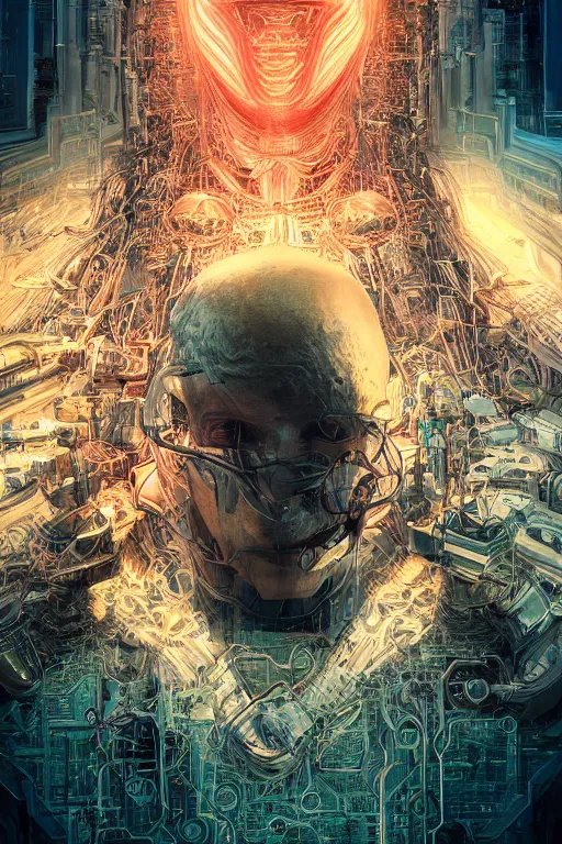 Prompt: the most amazing dream you ever had about transhumanism head artificial intelligent singularity, moebius, hyper realistic, concept art, intricate, hyper detailed, smooth, jim lee, high contrast, neon, volumetric lighting, octane, raytrace, snowcrash,