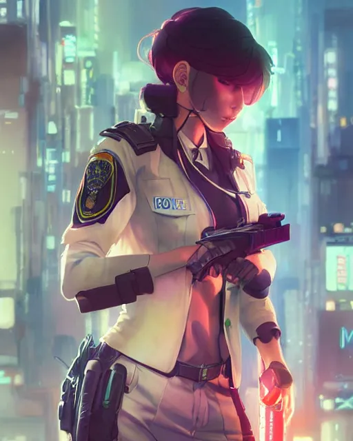 Image similar to anime key visual of a young female police officer, neon, cyberpunk, futuristic, stunning, highly detailed, digital painting, artstation, smooth, soft focus, illustration, art by artgerm and greg rutkowski and alphonse mucha