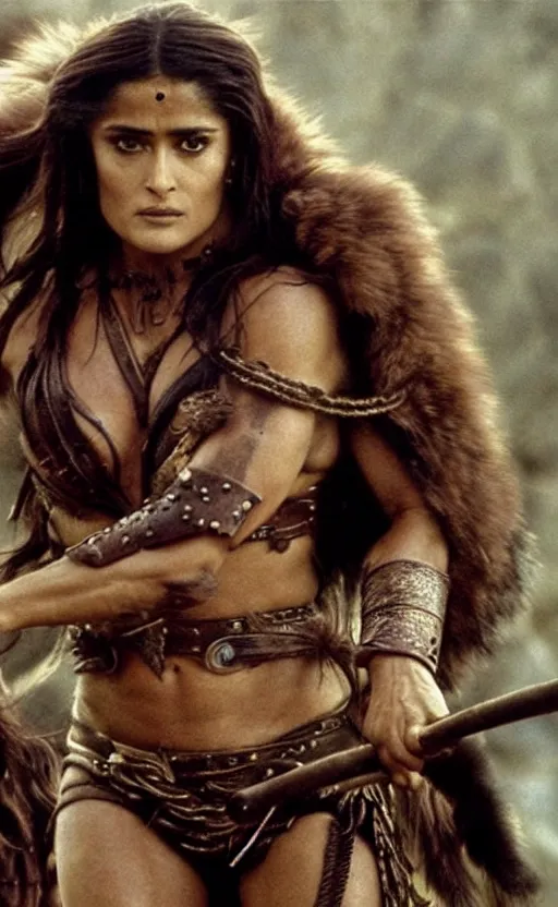 Prompt: epic photo of muscular salma hayek as beautiful barbarian warrior princess wearing leather armor and fur cloak in a battle scene with hundreds of warriors behind her, sweaty, detailed eyes, neutral expression, depth of field, photorealistic, cinematic lighting, lovely bokeh, warm colours, dusk, movie quality, conan the destroyer 1 9 8 5, movie still, cinemascope