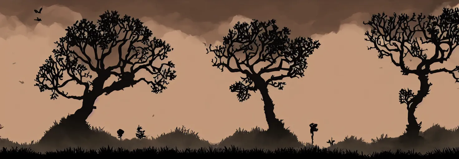 Prompt: distant ancient gnarled tree silhouettes, parallax layer from a gorgeous indie platform game