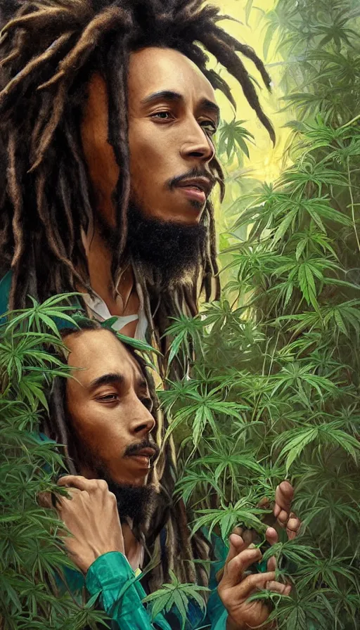 Image similar to impressive cottagecore bob marley , black rasta Hair, cannabis plants background, intricate, elegant, highly detailed, digital painting, artstation, concept art, smooth, sharp, focus, illustration, art by artgerm and greg rutkowski and alphonse mucha