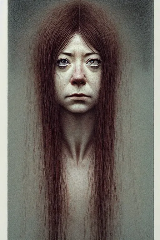 Image similar to female who looks like alyson hannigan by beksinski