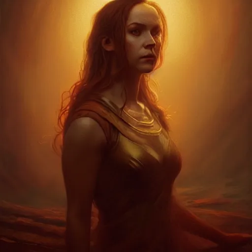 Prompt: Seductive Oracle of Delphi portrait, mysterious atmospheric lighting, painted, intricate, volumetric lighting, beautiful, rich deep colours masterpiece, golden hour, sharp focus, ultra detailed, by Leesha Hannigan, Ross Tran, Thierry Doizon, Kai Carpenter, Ignacio Fernández Ríos