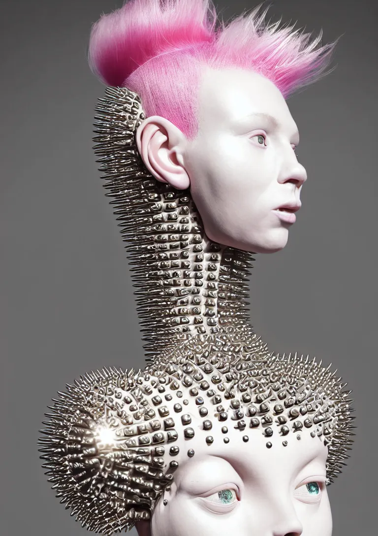 Image similar to portrait of a biomechanical goddess wearing a steel spikes studded iridescent beauty mask and pink hair buns, wearing a black bodysuit by alexander mcqueen, cream white background, soft diffused light, biotechnology, humanoid robot, perfectly symmetric, bjork aesthetic, translucent, by rineke dijkstra, intricate details, highly detailed, masterpiece,