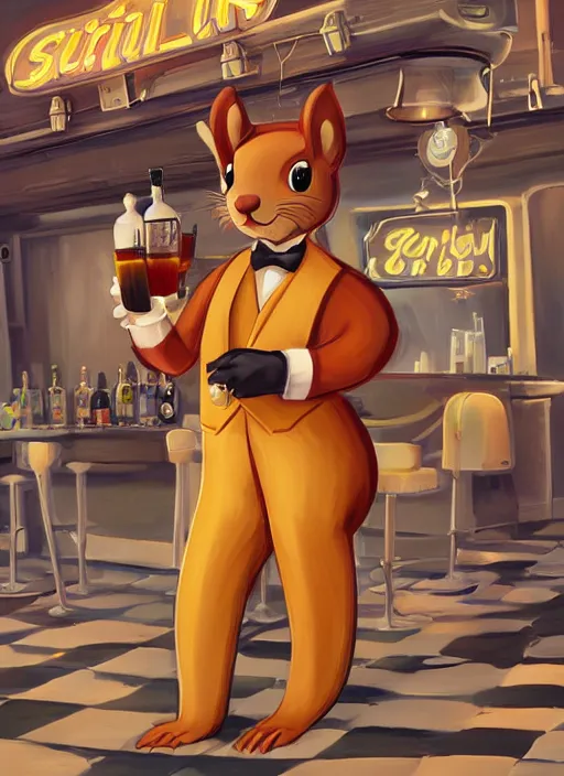 Image similar to squirrel anthro as a dapper bartender with a big fluffy tail, retro futurism, art deco, detailed painterly digital art, 🐿🍸🍋, furaffinity, trending on artstation