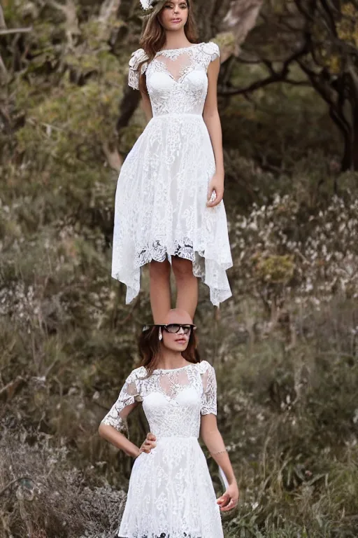 Image similar to a short beautiful high low lace dress, wedding dress, bohemian, detailed lacework, lace dress, romantic dress, white and silver, floral lacework