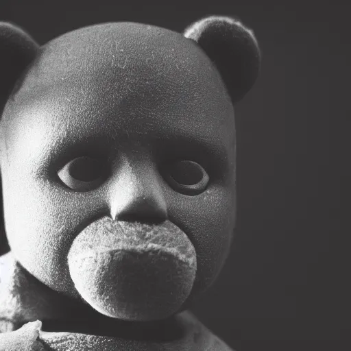 Image similar to Portrait studio photograph of Kanye West holding a anthropomorphic teddy bear, close up, shallow depth of field, in the style of Felice Beato, Noir film still, 40mm