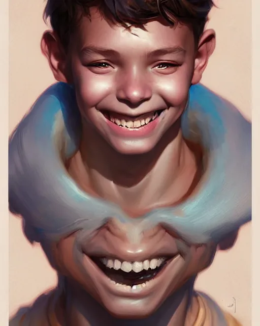 Prompt: digital art, fantasy portrait of a boy with a large smile, by James Jean and by artgerm, by ross tran , ultradetailed, charachter design, concept art, trending on artstation,