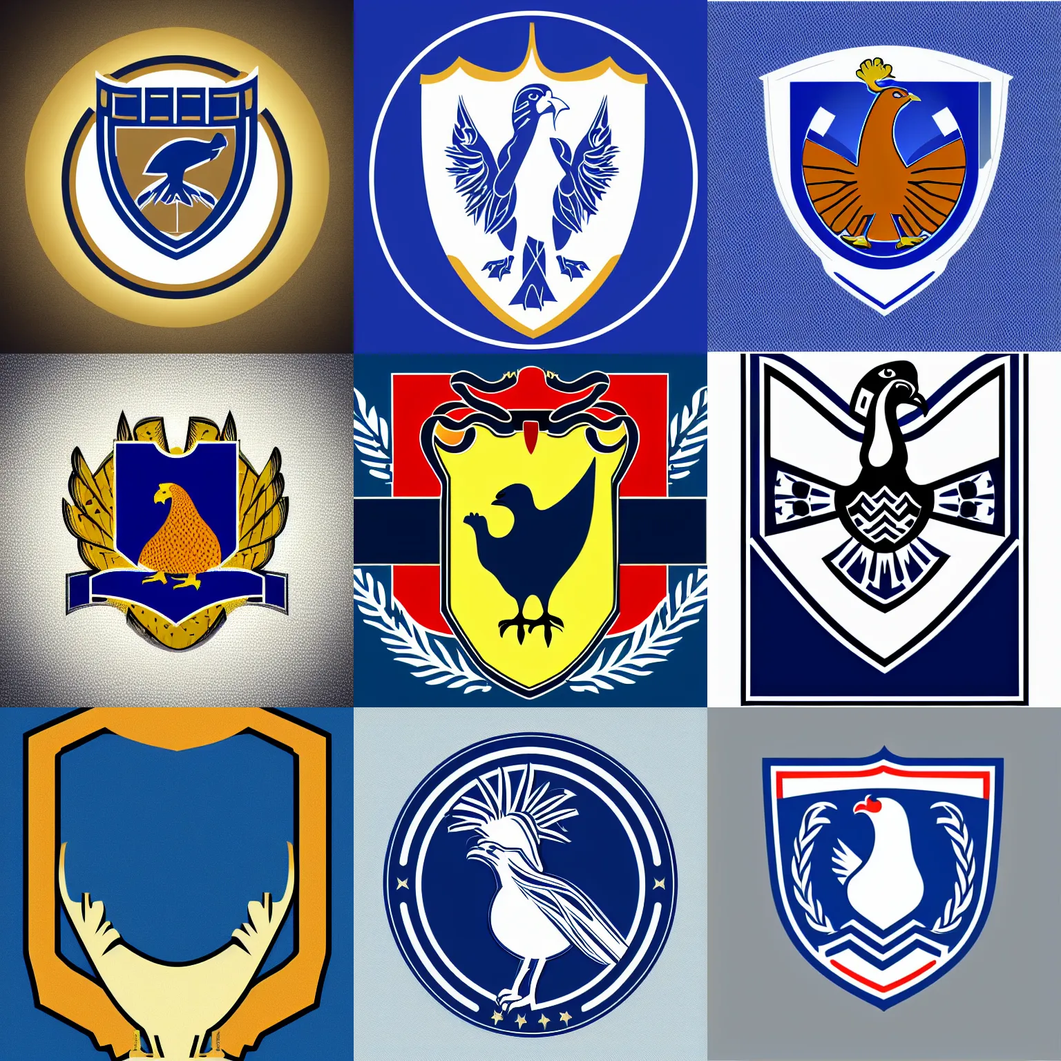 Prompt: heraldic emblem portraying a turkey, corporate logo, art deco, stylized, iconic, vector art, two - tone, clean lines, ultramarine blue and titanium white