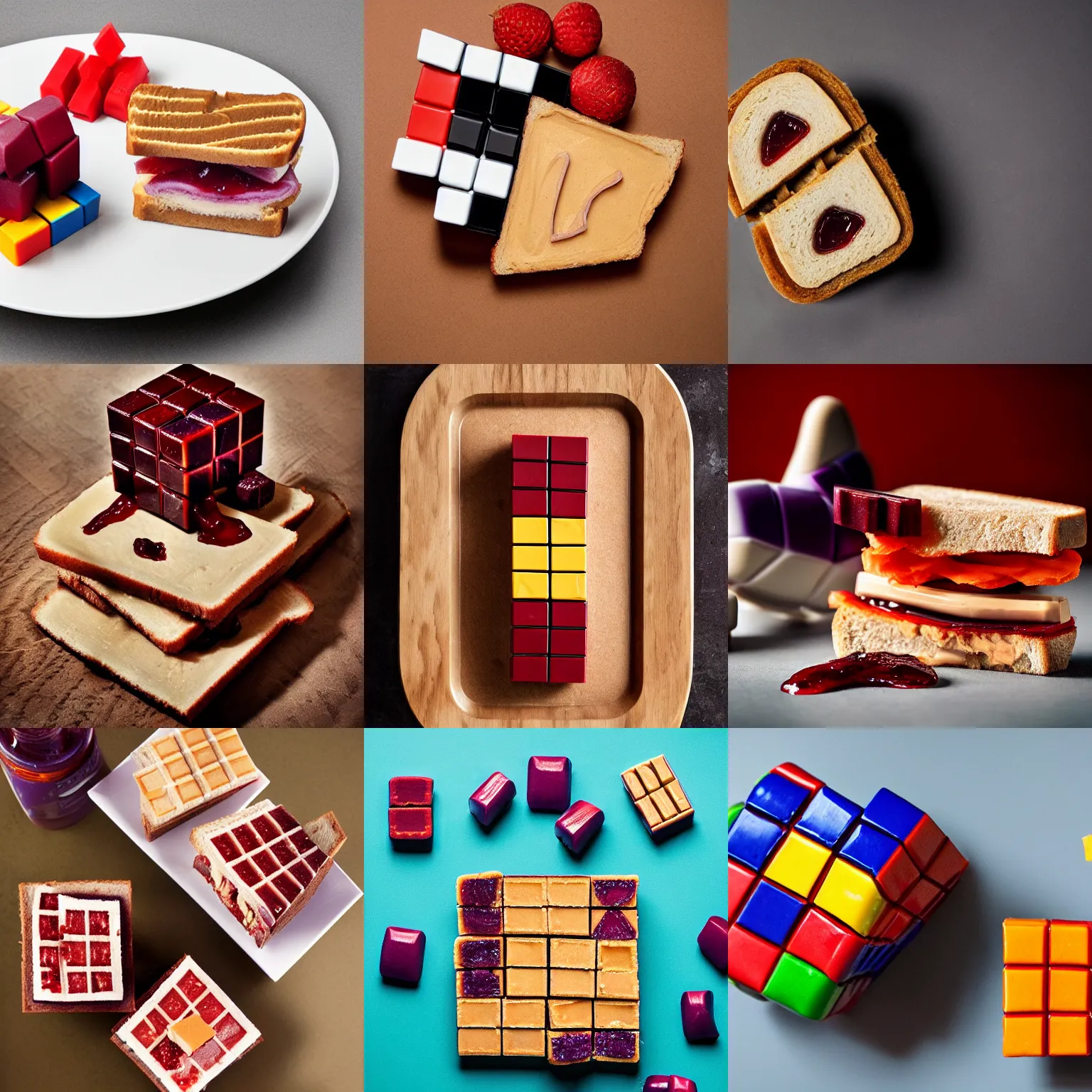 Prompt: a peanut butter and jelly sandwich in the shape of a Rubik’s cube, professional food photography
