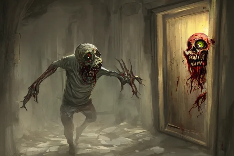 Image similar to a painting of a zombie coming out of a door, concept art by dave melvin, featured on deviantart, fantasy art, concept art, grotesque, creepypasta