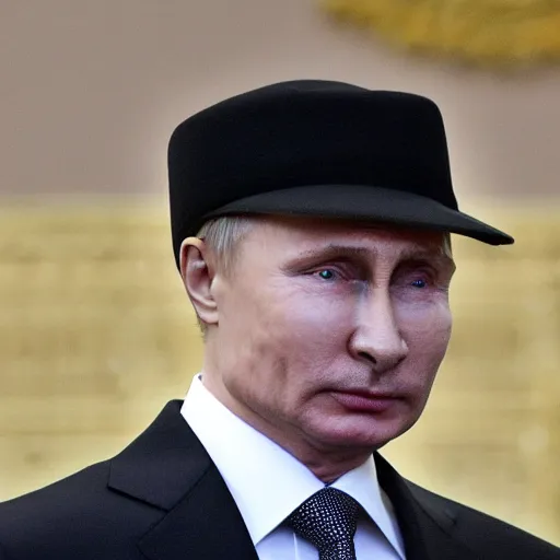 Image similar to putin wearing a black leather hat, facing the camera, cool looking