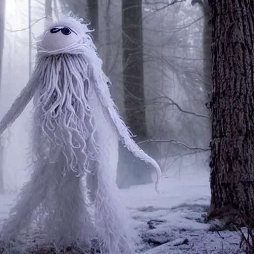 Prompt: a peaceful fluffy humanoid ethereal ghostly live action muppet wraith like alien figure with a squid shaped parasite overtaking its head with four long tentacles for arms that flow gracefully at its sides while it floats around the frozen woods searching for lost souls and that hide in the shadows in the trees, this character can control the ice and snow and has mastery of the shadows and electrokinesis, it is a real muppet by sesame street, photo realistic, real, realistic, felt, stopmotion, photography, sesame street