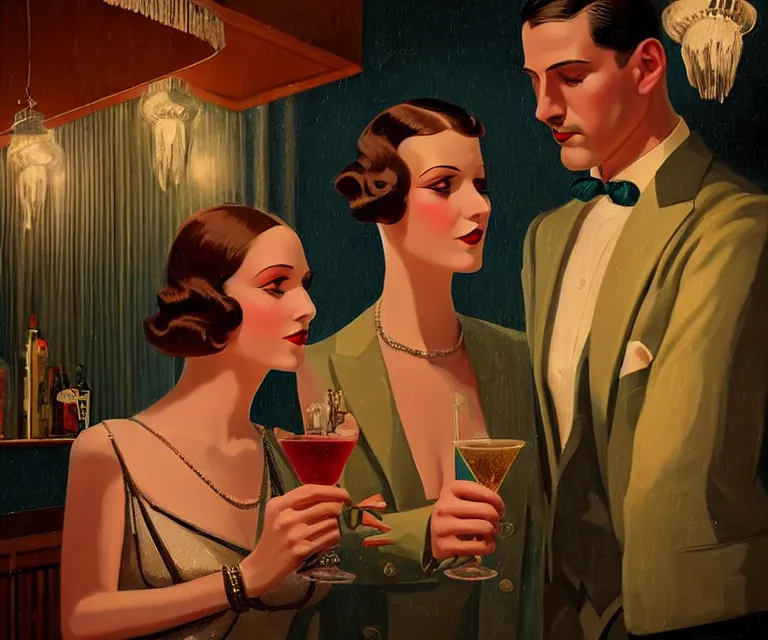 Prompt: a beautiful classy partying couple, dimly lit upscale 1920s speakeasy, relaxed pose, art deco, detailed painterly digital art style by Chip Zdarsky, retro vibe, 🍸, 8k octane beautifully detailed render, post-processing, extremely hyperdetailed, intricate, epic composition, grim yet sparkling atmosphere, cinematic lighting + masterpiece, trending on artstation, very detailed, vibrant colors, Art Nouveau, masterpiece, romanticism