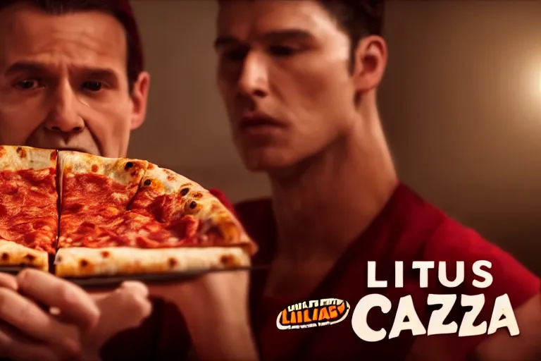 Image similar to Julius Caesar eating a slice of pizza from Little Caesars, cinematic, soft lighting, 4k