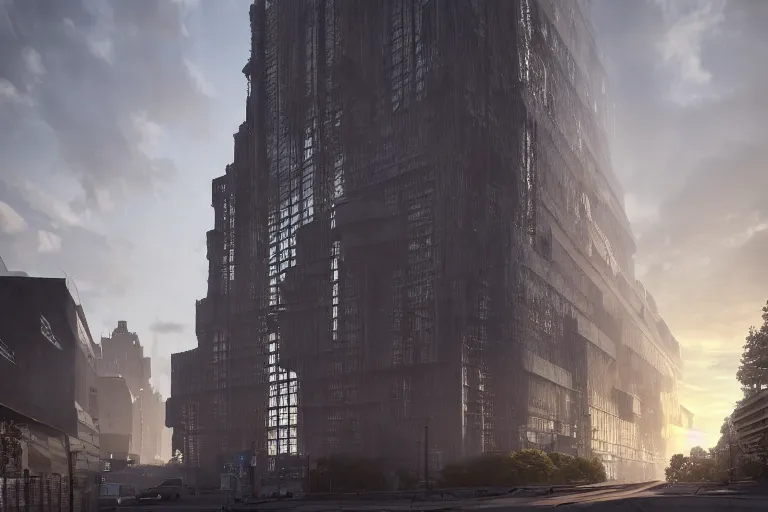 Image similar to streetscape, a towering cathedral of brutalist architecture, buildings covered with greebles, stunning volumetric light, sunset, metal, concrete and translucent material, stunning skies, majestic landscape, trending on Artstation, 8k, photorealistic, hyper detailed, unreal engine 5, IMAX quality, cinematic, epic lighting, in the style of Greg Rutkowski