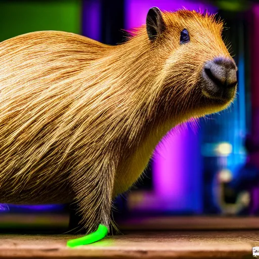 Image similar to photo of a capybara eating a nvidia gpu, neon lighting, nature photography, 8 k, canon 3 0 0 mm, professional photographer, 4 0 mp, lifelike, top - rated, award winning, realistic, sharp, no blur, edited, corrected, trending