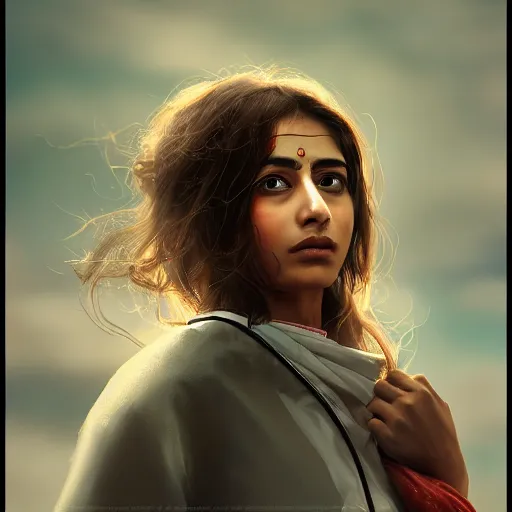 Prompt: Anxious beautiful young female Indian Doctor at Heathrow terminal, by Cedric Peyravernay, highly detailed, excellent composition, cinematic concept art, dramatic lighting, trending on ArtStation
