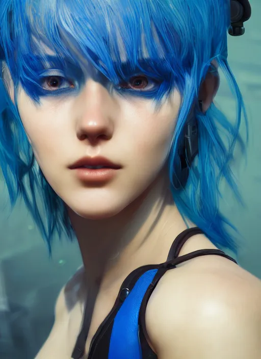 Image similar to beautiful young cyberpunk girl with blue hair, blue eyes, au naturel, digital art, trending in artstation, cinematic lighting, studio quality, smooth render, fluorescent skin, unreal engine 5 rendered, octane rendered, art style by klimt and nixeu and ian sprigger and wlop and krenz cushart