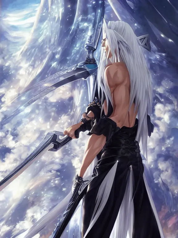 Prompt: anime key visual of sephiroth from final fantasy!! intricate, futuristic city, stunning, highly detailed, digital painting, artstation, smooth, hard focus, illustration, art by artgerm and greg rutkowski and alphonse mucha