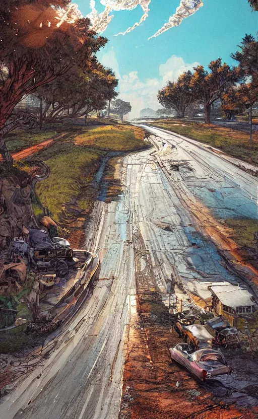 Prompt: paperback book cover by kim jung gi. 1 9 5 0 s. pure colors, melting clouds, accurately drawn details, a sunburst above a receding road with the light reflected in furrows and ruts, after rain. photorealistic. octane render. cinematic. trending on artstation. textless.