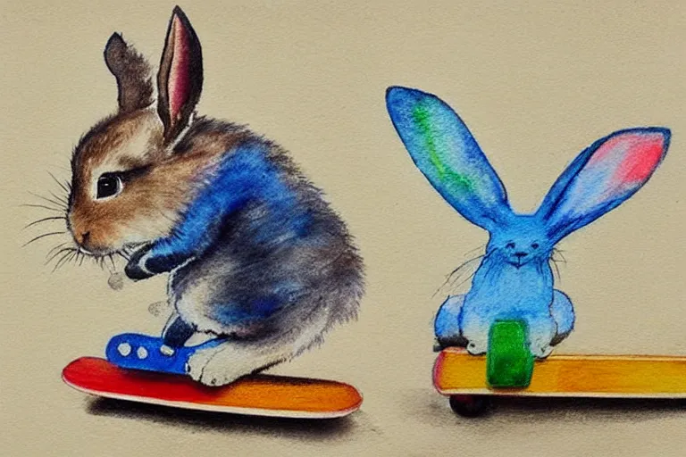 Prompt: a child's watercolor pencil painting of bunny playing skateboard.