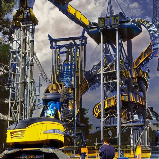 Image similar to stock photo of the theme park ride called “the power loader mech” vertical drop ride by James Cameron