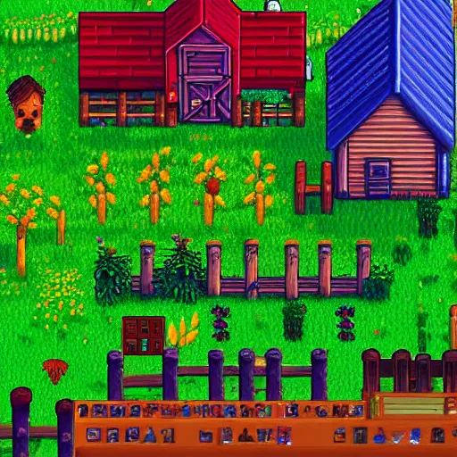 Image similar to the perfect farm in stardew valley, detailed, trending, digital art on artstation