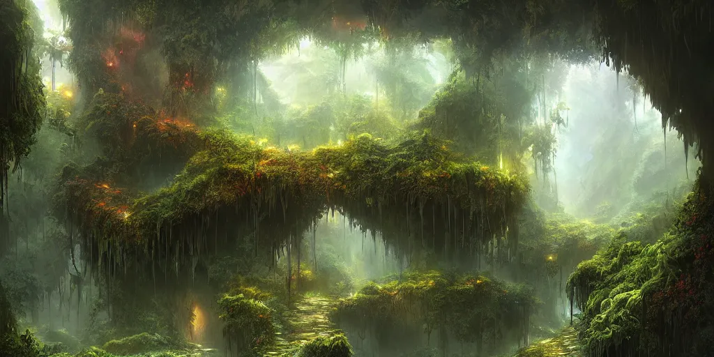 Prompt: a digital painting of a cave entrance in a mystical forest with vines hanging from trees, fireflies glowing in various colors, desaturated, a detailed matte painting by stephan martiniere, cgsociety, fantasy art, matte painting, concept art, fractalism