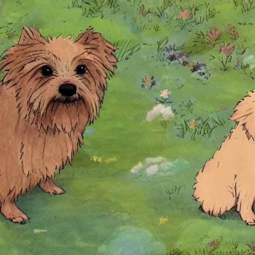 Image similar to A blond Norfolk terrier in the style of Studio Ghibli, very happy, detailed, award winning