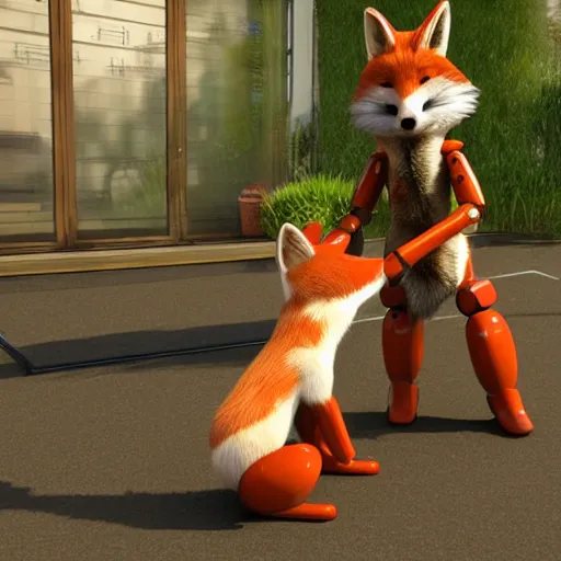 Prompt: a fox toying around a robot, photorealistic, 4k